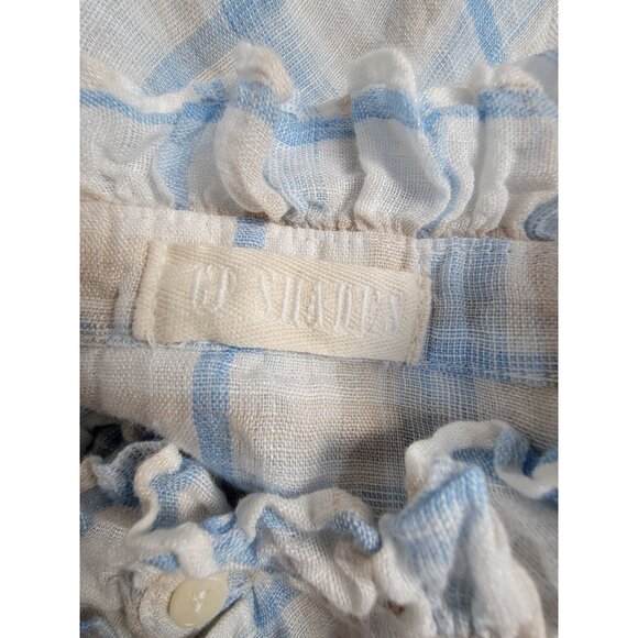 CP Shades Womens Large Plaid Ruffle Collar Button Top Linen Blue Beige 1358-228 - Picture 3 of 9